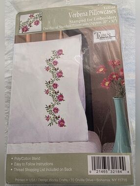 Verbena Pink Floral Vine Pillowcases Stamped For  Embroidery With Floss